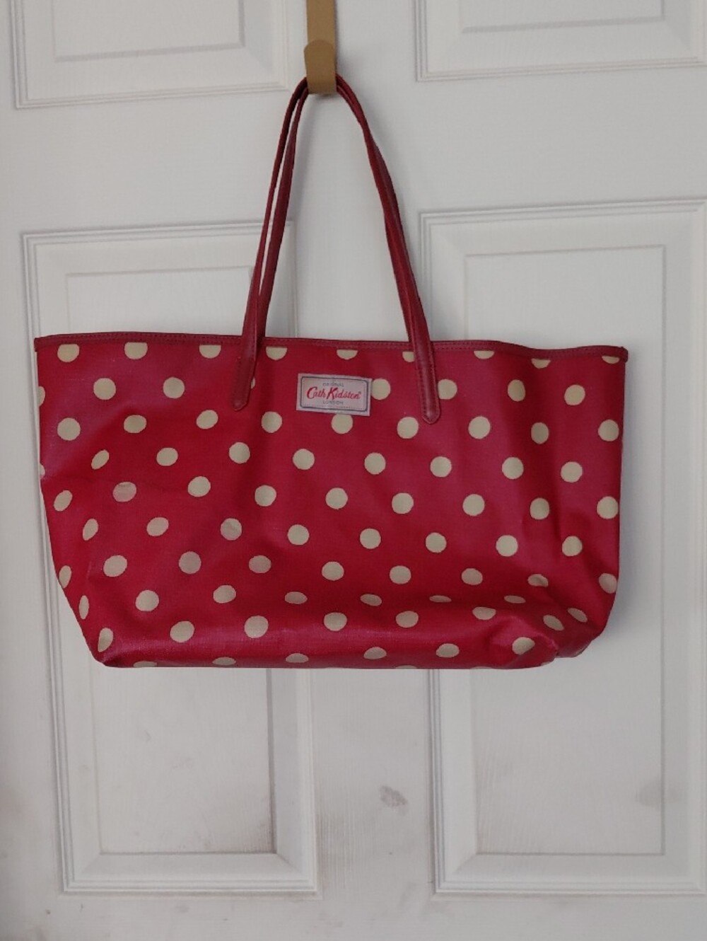 Cath Kidston Red And Cream Tote Polka Dots Doubke Strap Leather Handle 19x11 - Picture 2 of 13